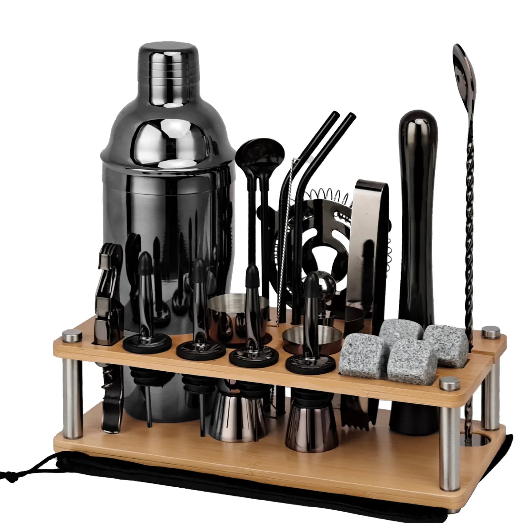 Set di shaker per cocktail con supporto in legno Set di shaker per utensili da bar con set di barre per rack in legno