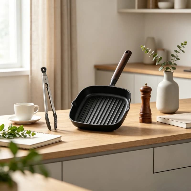 Nordic Cast Iron Skillet Non-Coated Steak Pan Rapid Heat Transfer Frying Pan with Wood Handle for Stovetop BBQ Camping Outdoor