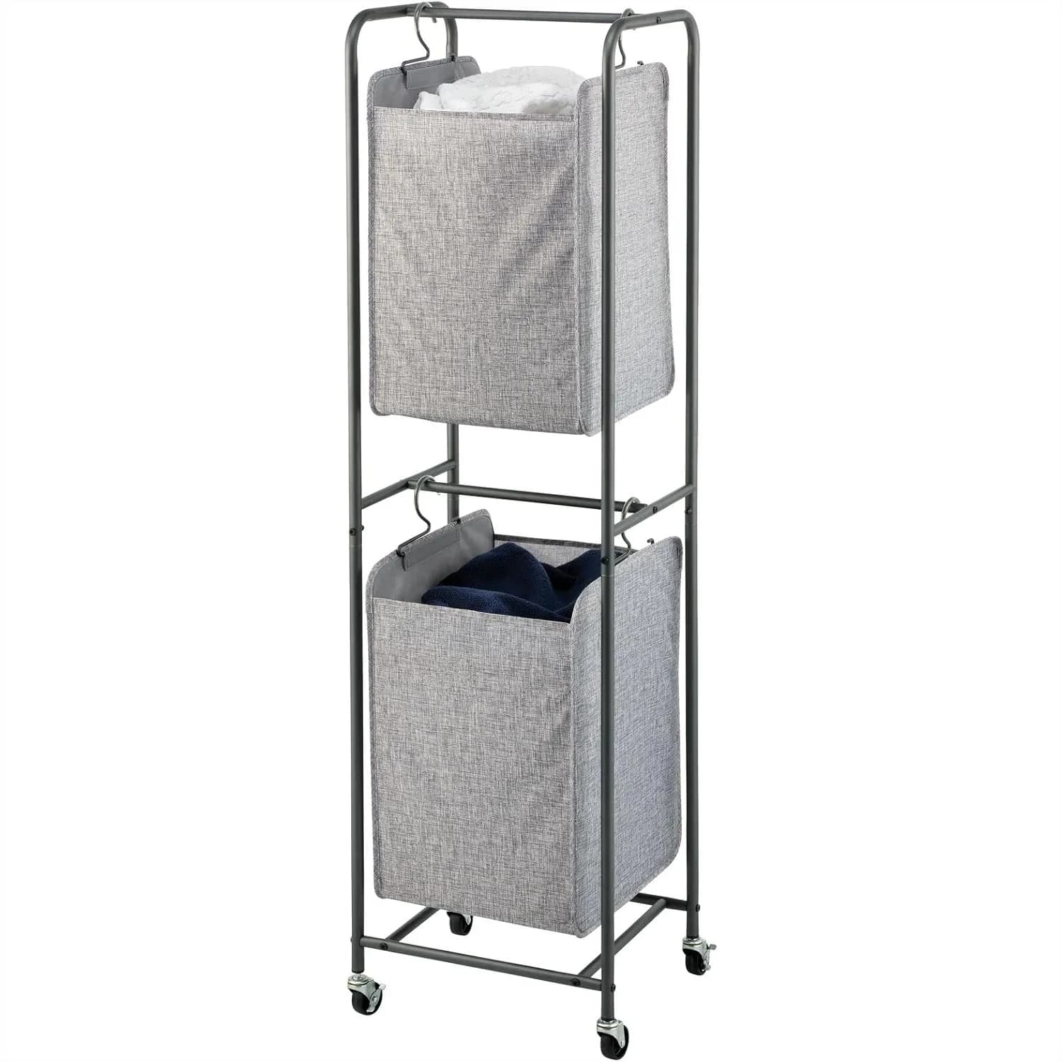 Cesto Portabiancheria Verticale con Ruote, 2 Sacchi Rimovibili, Robusta Struttura in Metallo, Separatore Portatile per Vestiti Chiari e Scuri, Grigio Scuro