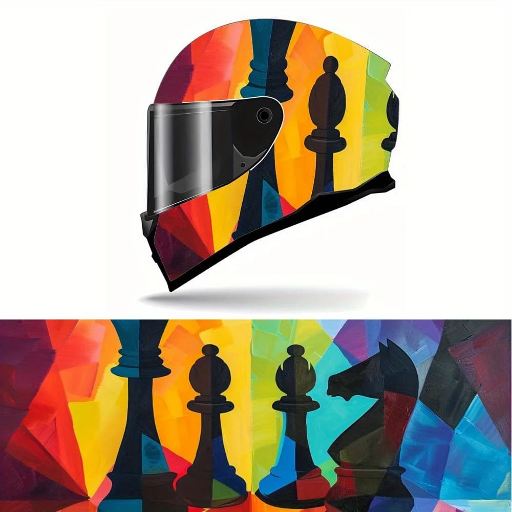 Decalcomanie per casco modello pezzi degli scacchi colorati a pieno facciale - PVC resistente e impermeabile, casco da corsa per moto autoadesivo Aesth