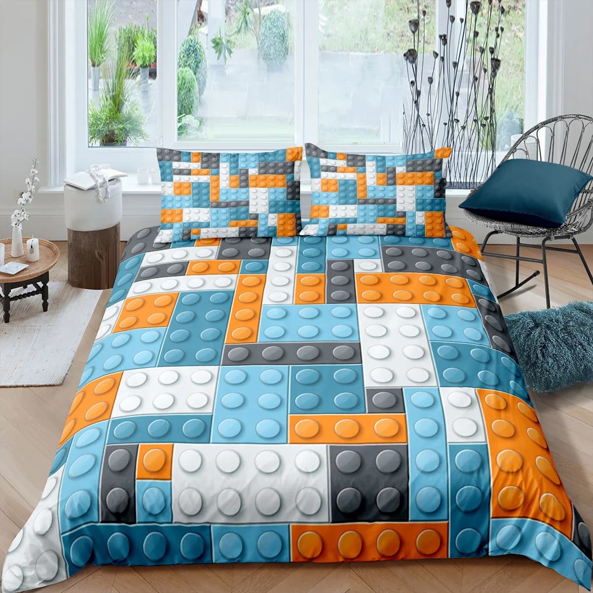 Blocchi colorati copripiumino King/Queen Size, Set di biancheria da letto giocattolo da costruzione bambini ragazzi ragazze arancione blu divertente copripiumino in poliestere mattone