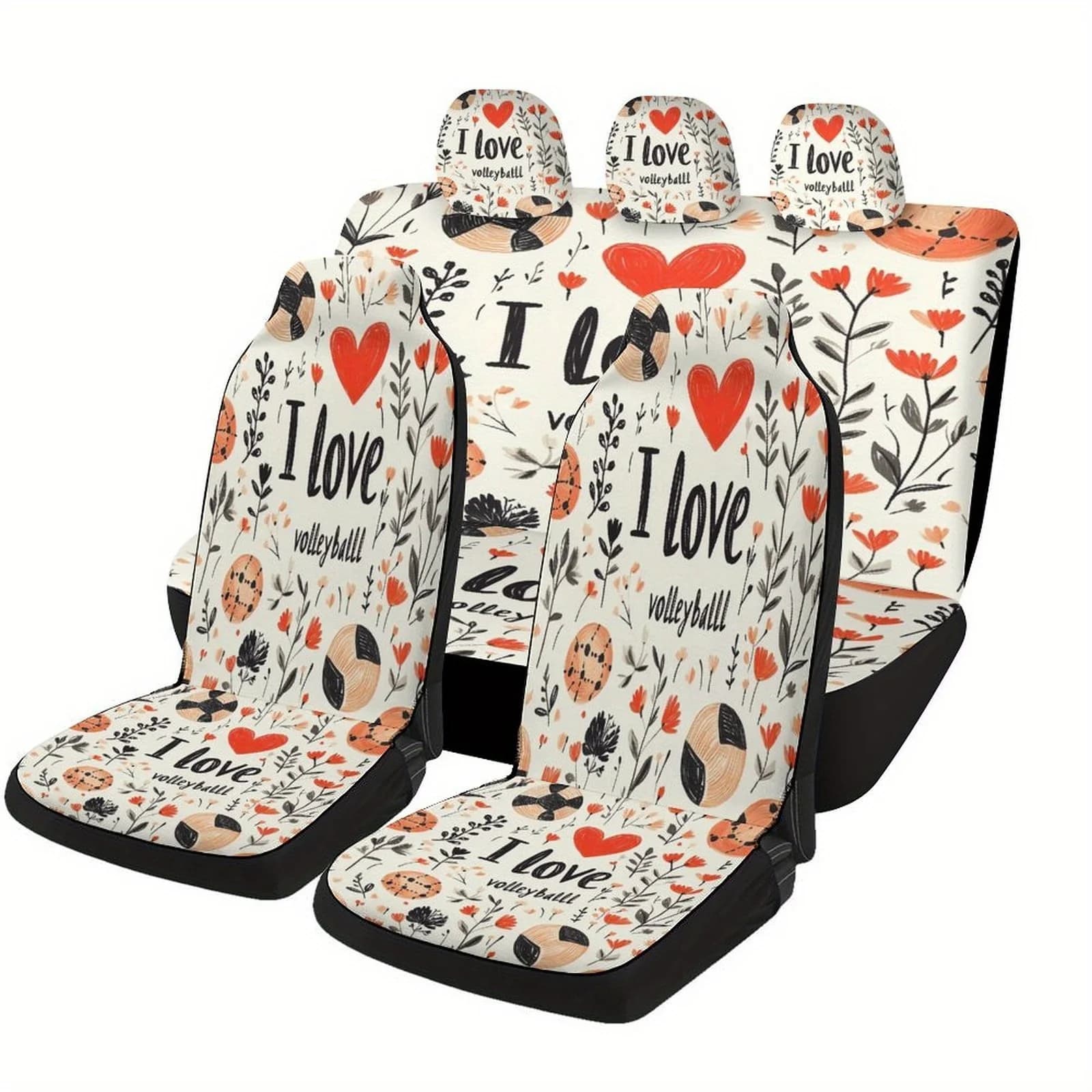 Volleyball Love Floral Designed Car Seat Cover Set For Most Cars, Trendy Advanced High-quality Car Seat Protector Covers Full S