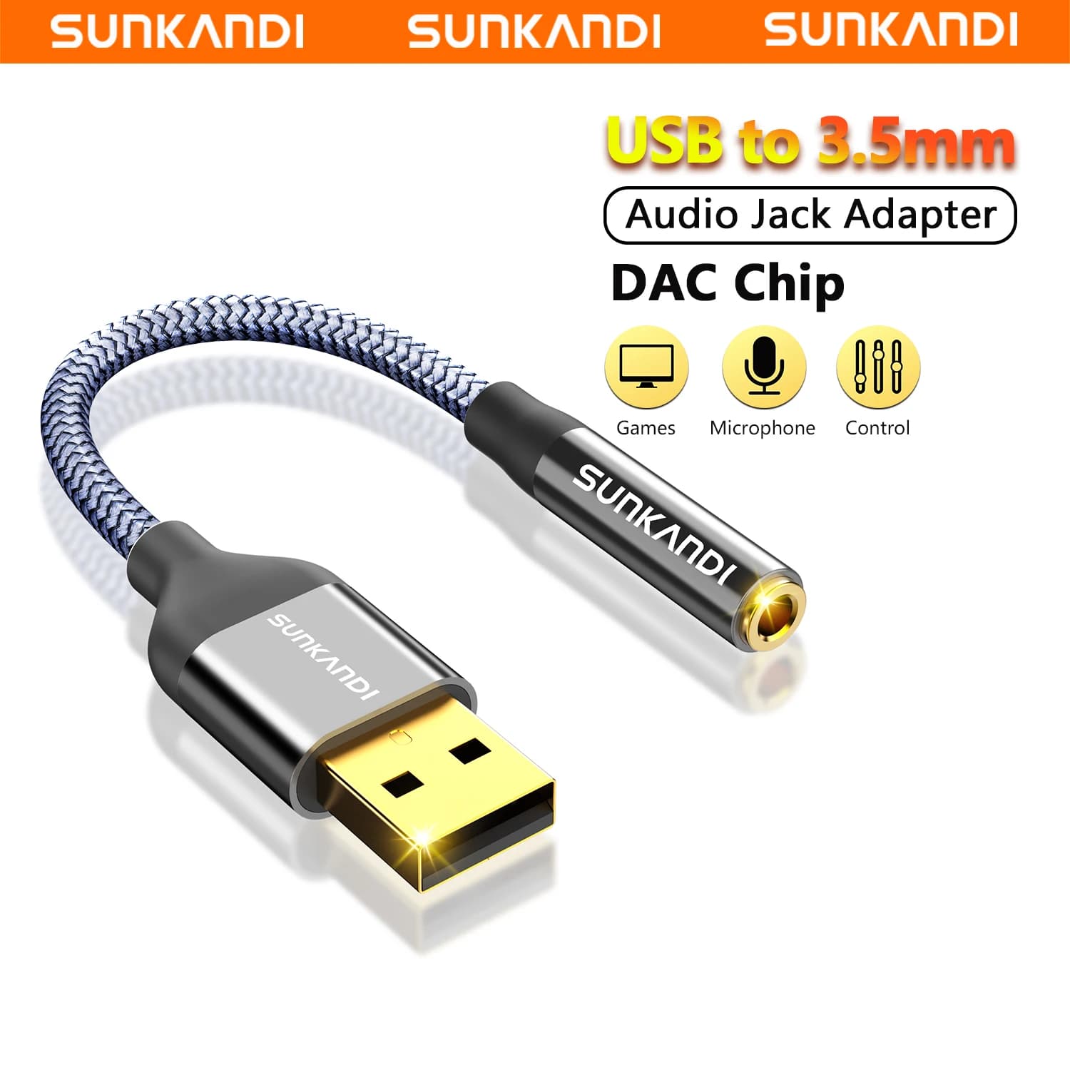 SUNKANDI USB to 3.5mm Audio Jack Adapter, External Sound Card Converter for PC, Laptop, Mac, Desktops, PS4 and More Device