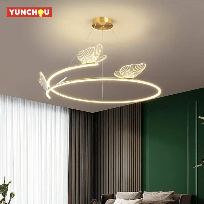 Lampadario Moderno a Farfalla, Lampada a Sospensione LED Nordica ad Anello, Oro Art Deco in Acrilico per Soggiorno, Camera da Letto, Hotel, Caffè