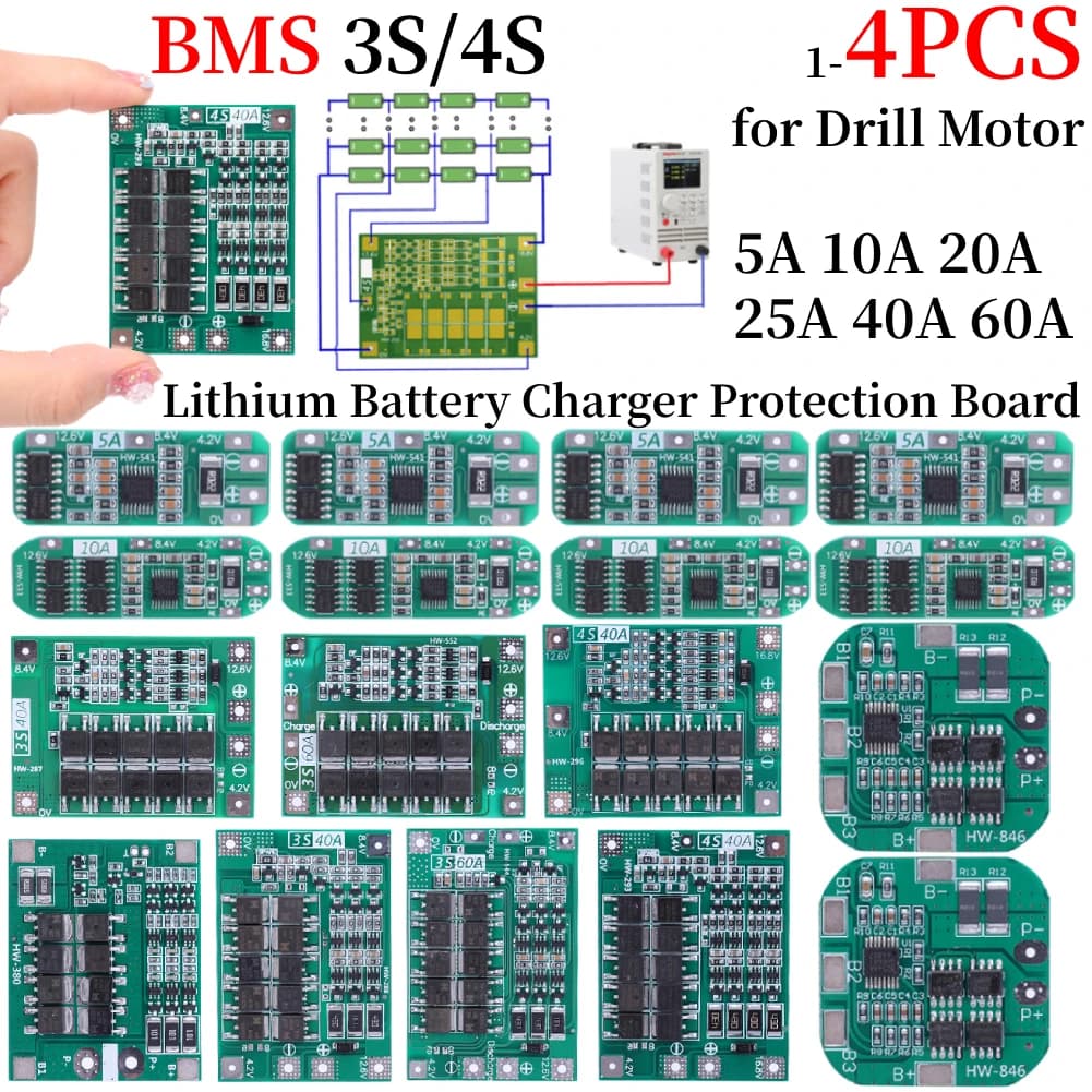 BMS 3S/4S 5A 10A 20A 25A 40A 60A Li-Ion Battery Li-Ion Battery Charger Protection Edge 18650 For 12V Drill Motor with Improvement/Equilibrium