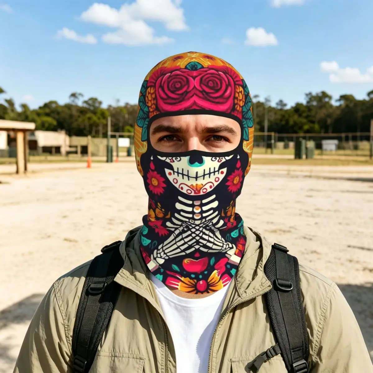 Mexican Sugar Skulls And Flowers Breathable Thin Balaclava Full Face Mask Sun Protection Neck Gaiter For Motorcycle Cycling