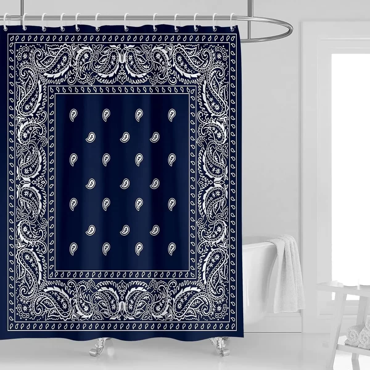 Bandana Tenda da doccia sudoccidentale Paisley Blu navy Boho Mandala Decorazione floreale per il bagno Tessuto in poliestere impermeabile con ganci