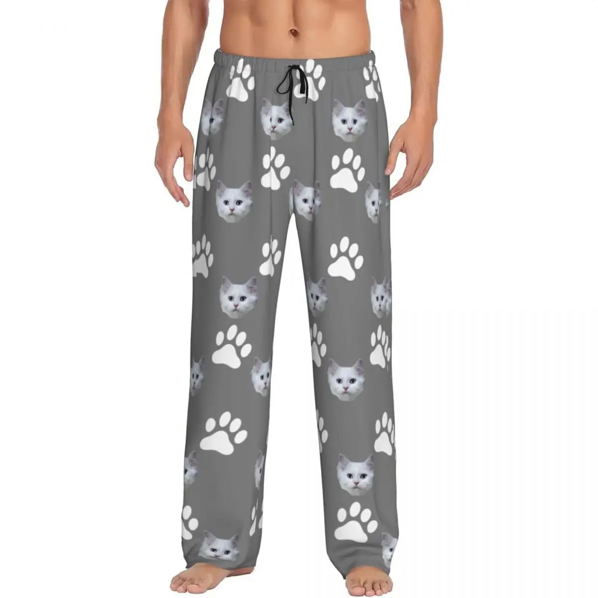 Pigiama personalizzato con faccia di gatto per animali domestici, pantaloni da pigiama, pigiama da uomo, pantaloni da notte elasticizzati con tasche