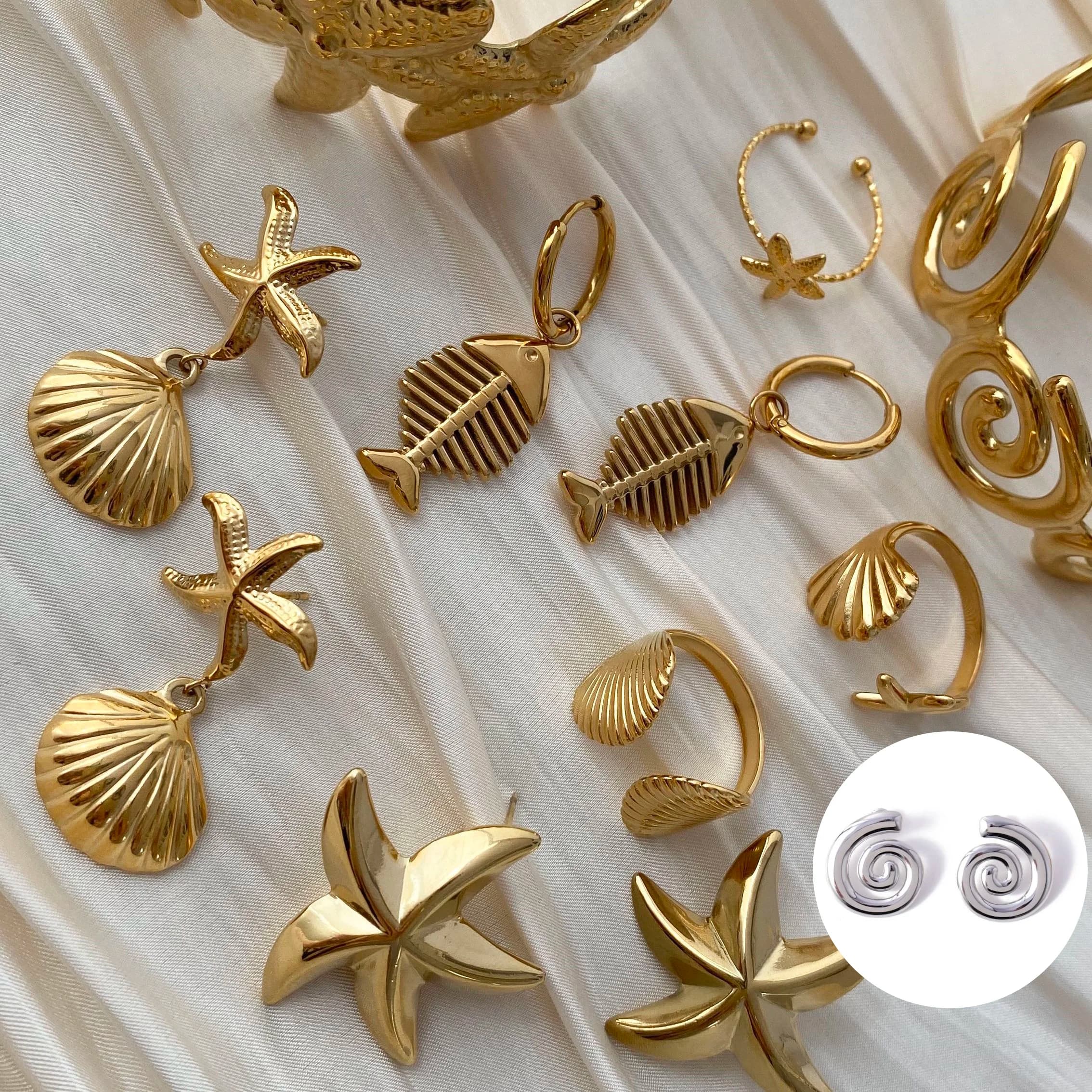 CARLIDANA Fashion Gold Plated Starfish Shell Stud Earrings Open Rings High Quality Stainless Steel Ocean Elements Jewelry Set