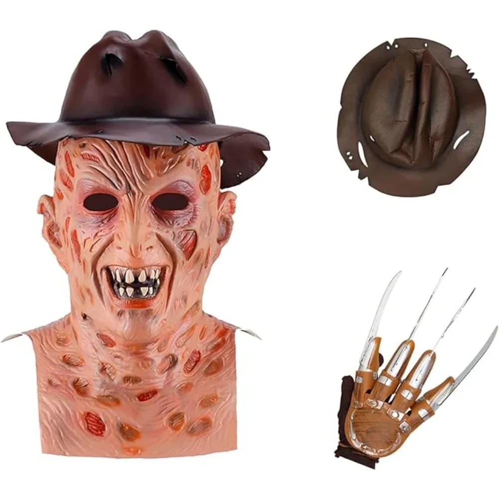 Halloween Freddie Dress Up Horror Maschera in lattice Halloween Cosplay Party Rave Masquerade Puntelli con cappello Wolverine Guanto Ghost Claw