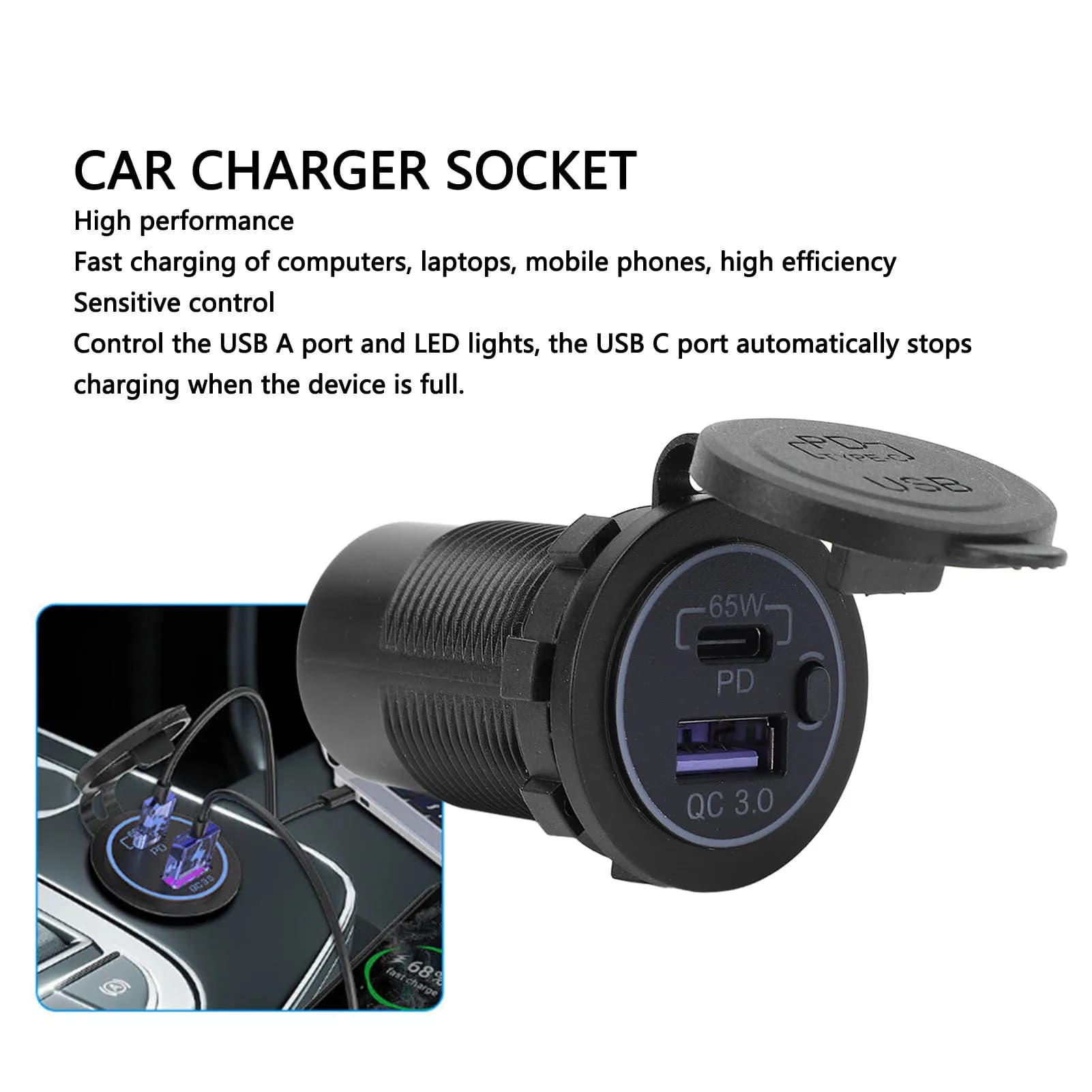 Presa USB per auto 12V Presa per caricabatteria per auto 12V Impermeabile 65W USB C PD3.0 18W QC3.0 Adattatore USB a 2 porte per moto RV Barca