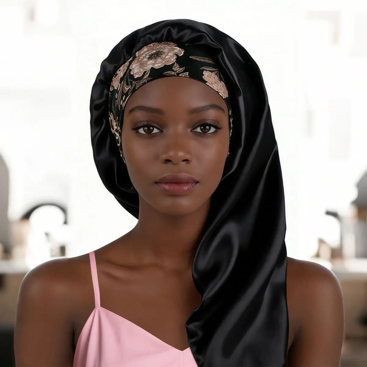 Cappuccio da notte per capelli lunghi da donna con fascia elastica, tessuto morbido e liscio, adatto per capelli ricci e lisci, comodo accessorio per dormire