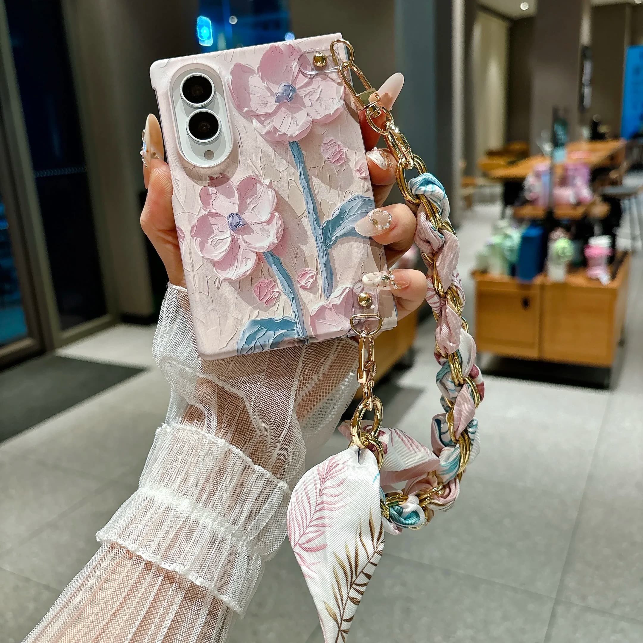 Relief Oil Painting Flower Scarf Hand Rope Phone Case for Samsung Z Fold 8 Wide Shockproof Comfortable Grip Portable Slim Cover