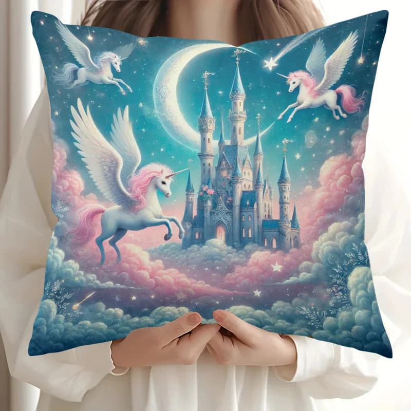 1pc 2D Flat (Pillow Not Included) Unicorn Castle Moon Sky Fantasy Cushion Cover Short Plush Magical Kids Room Decor Throw Pillow
