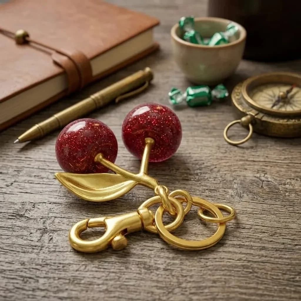 Glitter Cherry Keychain Gold Leaf Bag Pendant Cute Fruit Key Ring Women Handbag Car Key Fashion Accessory