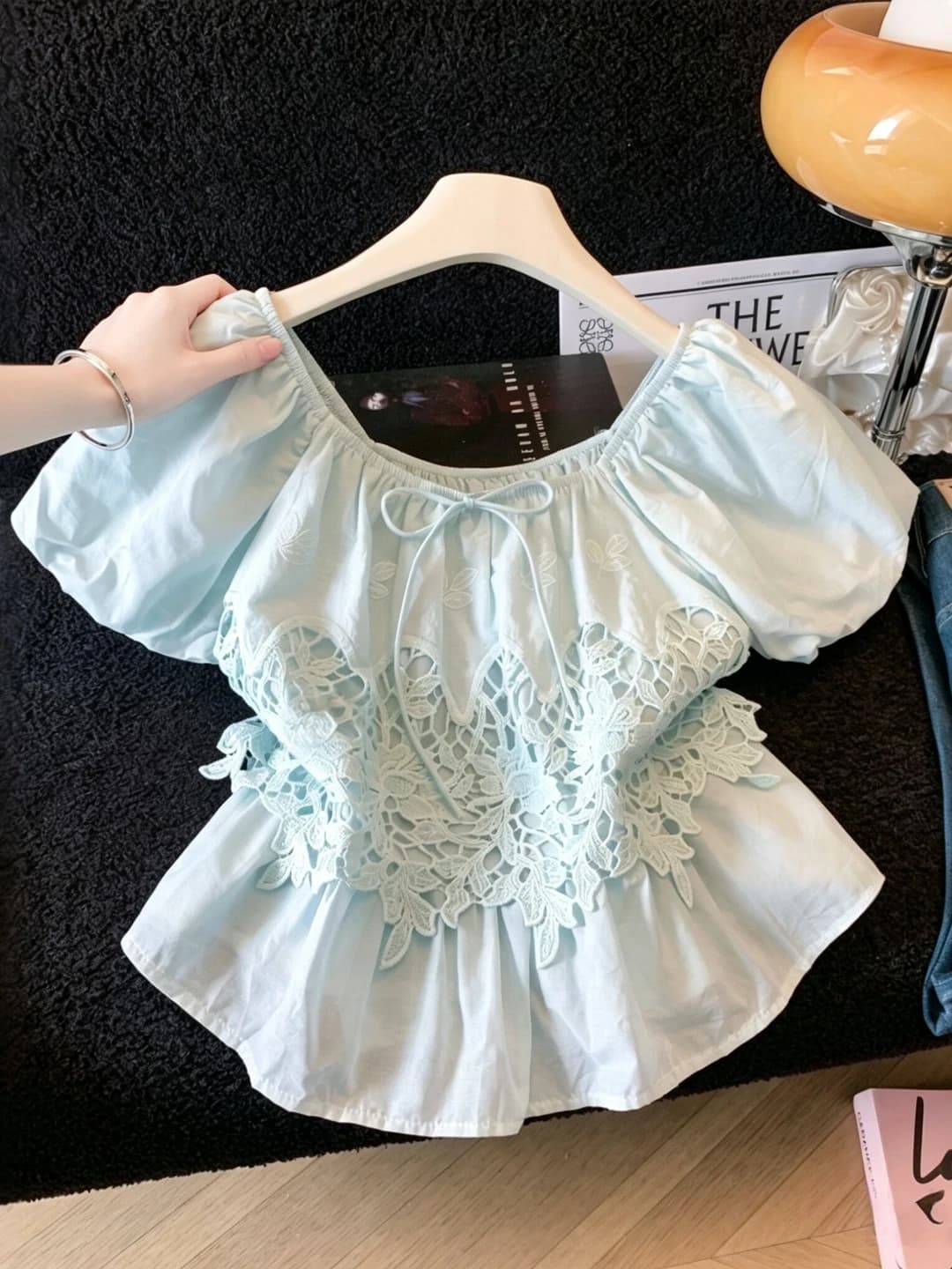 Sweet Style Embroidered Hollow out Fake Two-Piece Shirt Women Summer 2026 New Belted Square Collar Bubble Sleeve Top