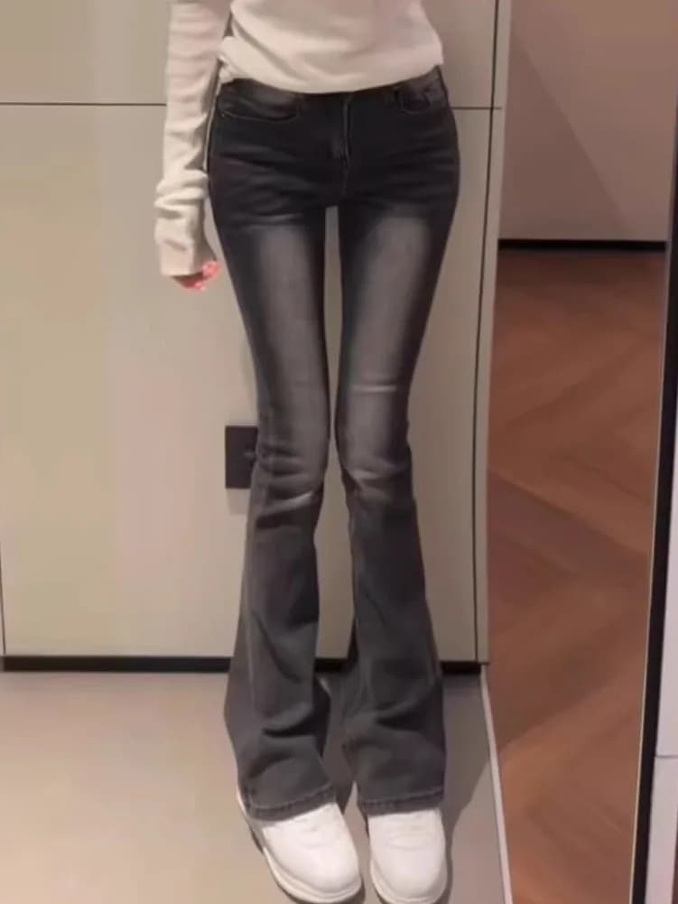 Jeans a Zampa d'Elefante in Denim Elasticizzato di Cotone Stile Coreano a Vita Alta per Donna, Modellanti e Allunganti, Autunno-Inverno