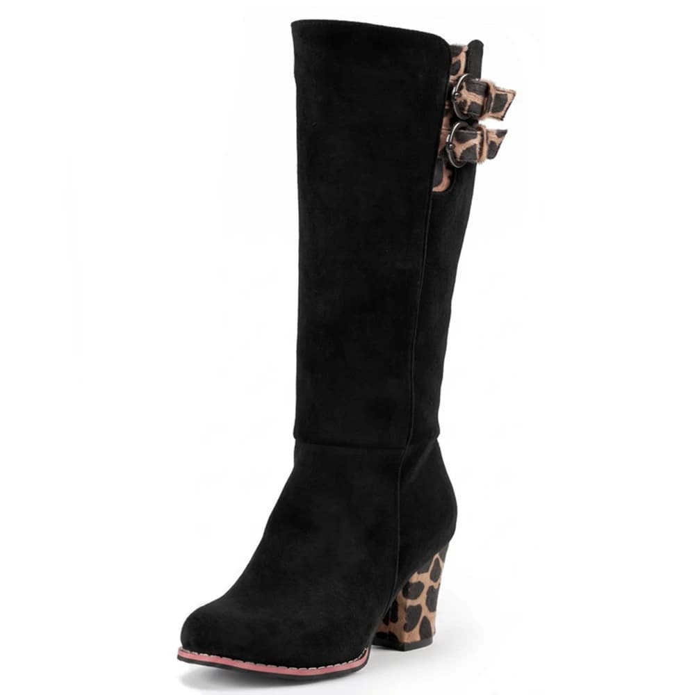Women Knee High Boots, Suede Leopard Print Buckle Chunky Heel Side Zipper Tall Boots Large Size 34‑45 3-1025