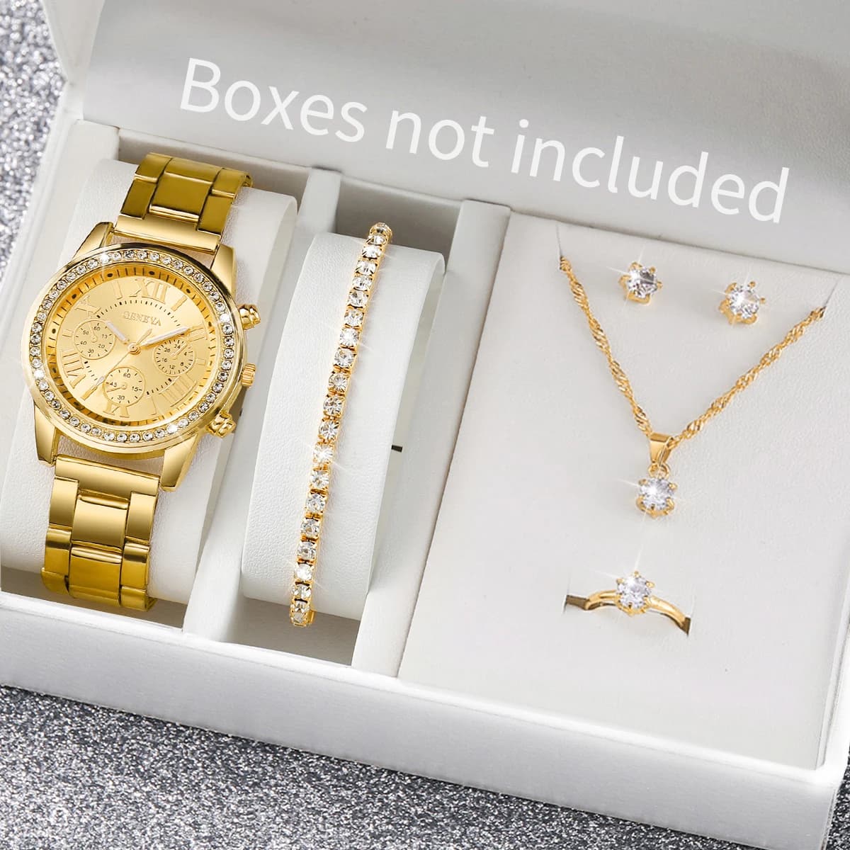 Set di gioielli per orologi da polso con cinturino in acciaio inossidabile con strass da donna alla moda da 6 pezzi (senza scatola)