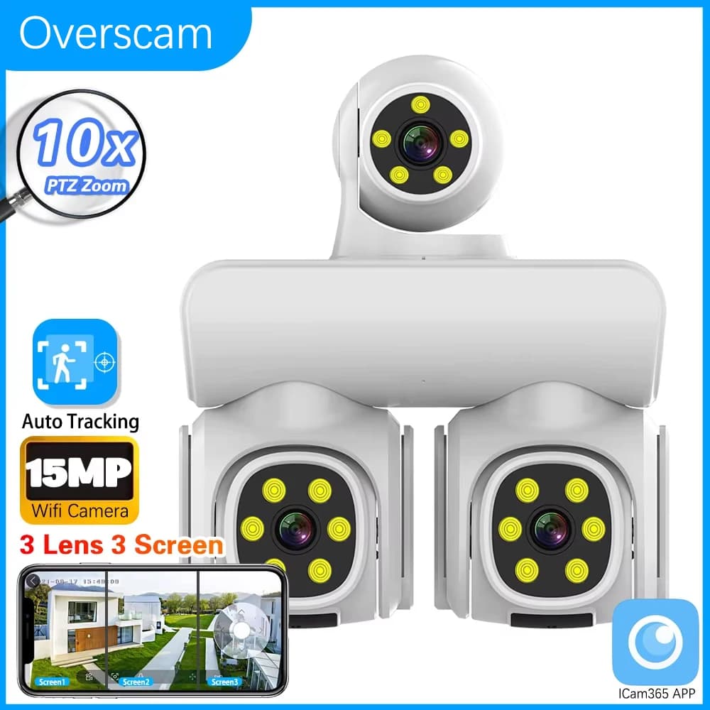 Three Lens 15MP 8K Binocular IP WiFi Outdoor Camera PTZ 10X Hybrid Zoom Auto Tracking Waterproof Security CCTV Security Camera