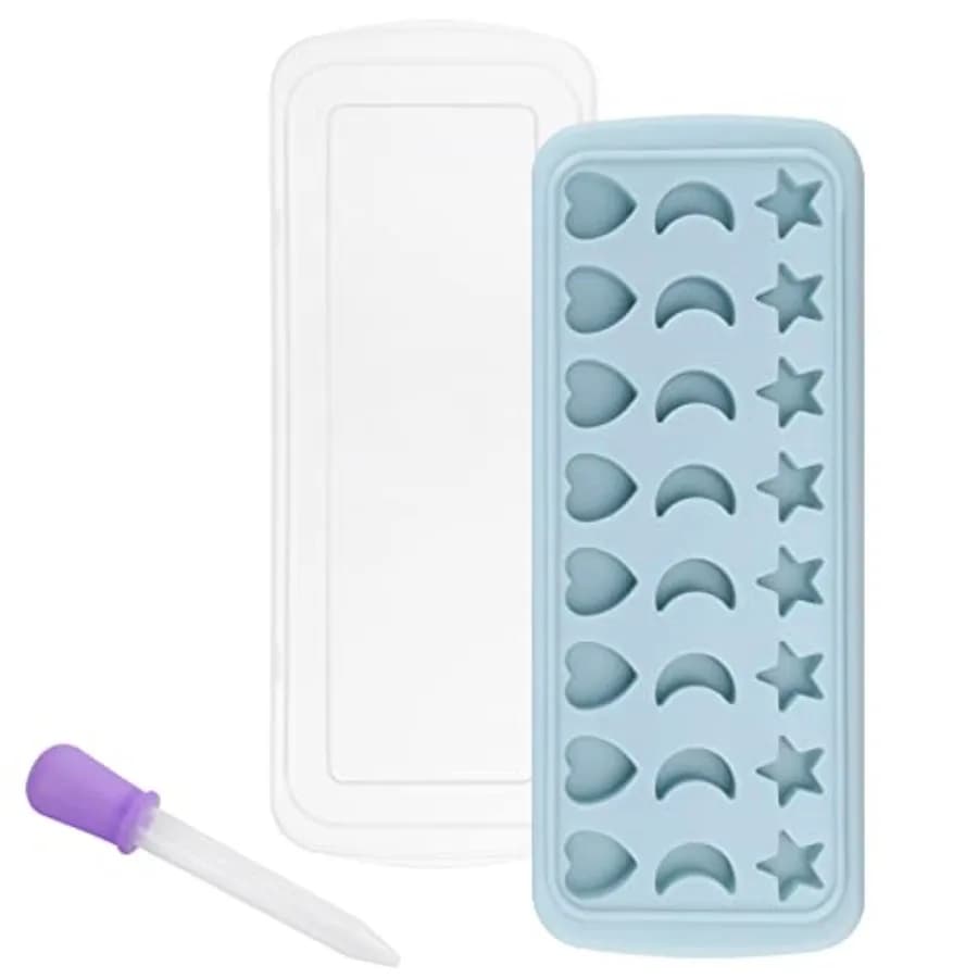 Moon Stars and Heart Ice Cube Tray Silicone Molds with Liquid Dropper Easy Release Ice Trays with Lid, 24 Cavity Heart Mold for