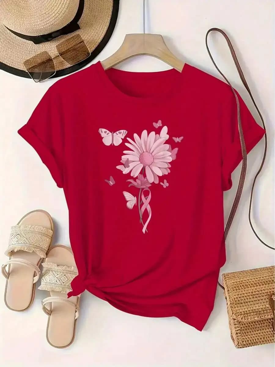 T-shirt da donna a maniche corte con scollo rotondo e stampa floreale rossa con farfalle