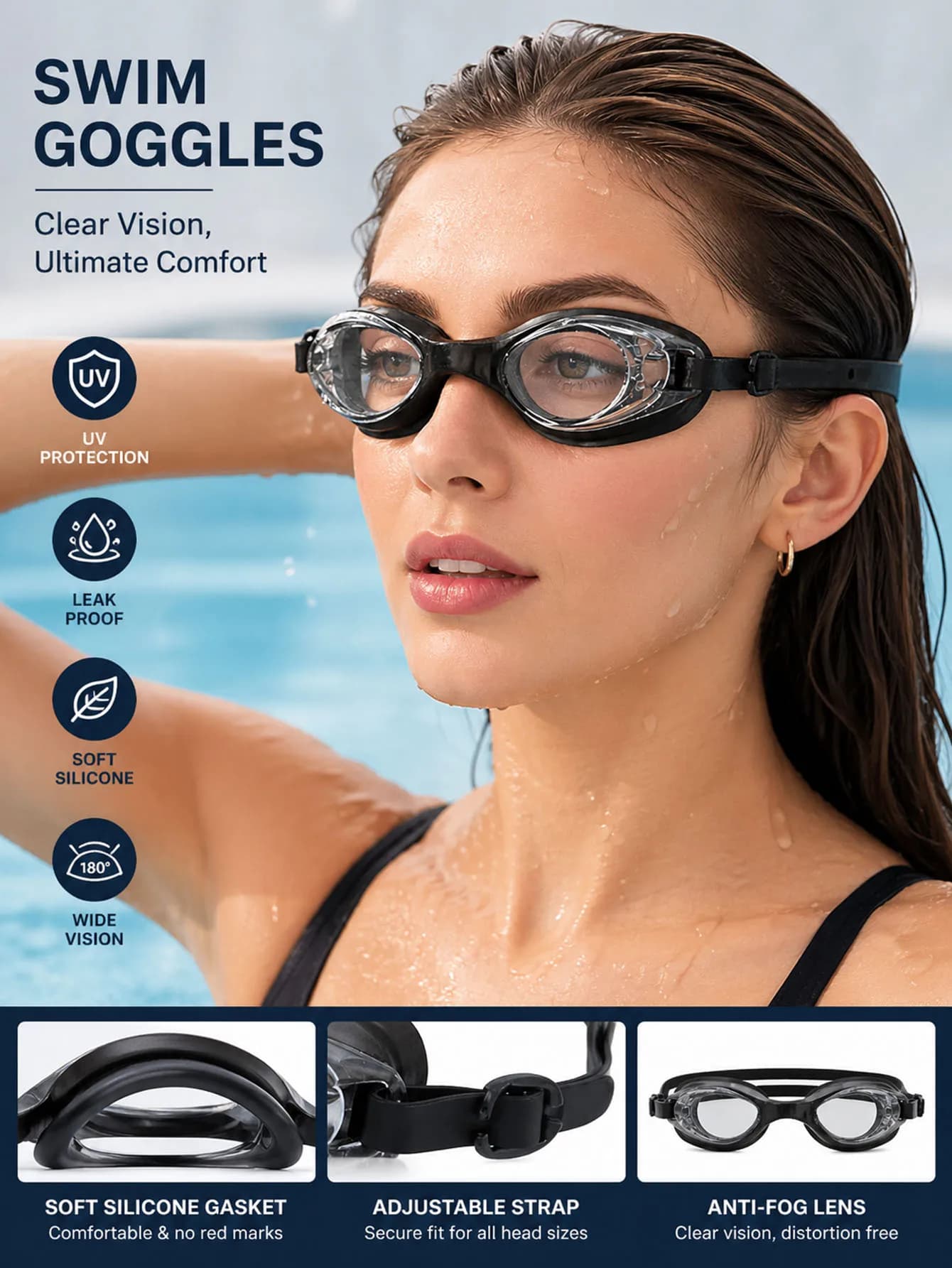 Occhialini da Nuoto, Antiappannamento con Protezione UV, Impermeabili con Guarnizione in Silicone Morbido, Cinturino Regolabile per Adulti