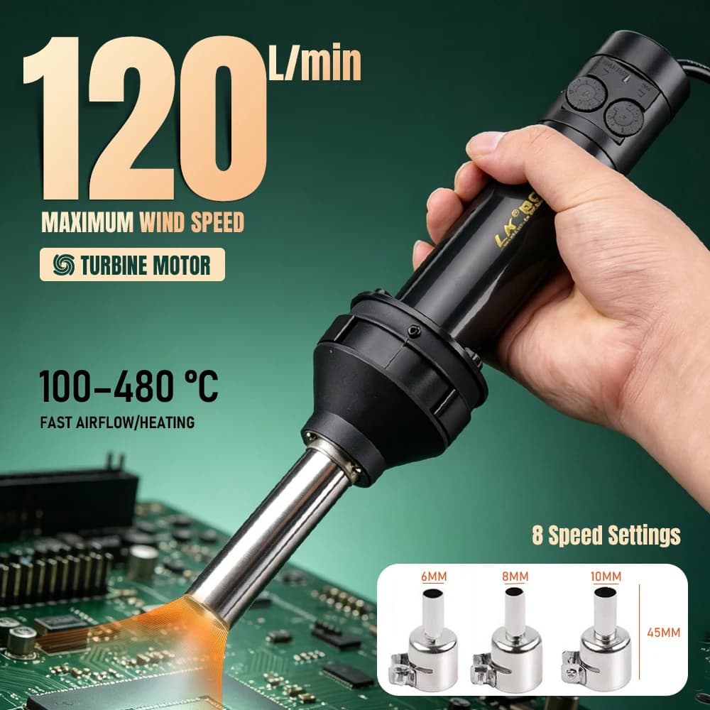 120L/min High Power Hot Air Gun Digital Adjustable Temperature Heat Gun Portable Turbine Motor Heat Gun for Soldering Shrink