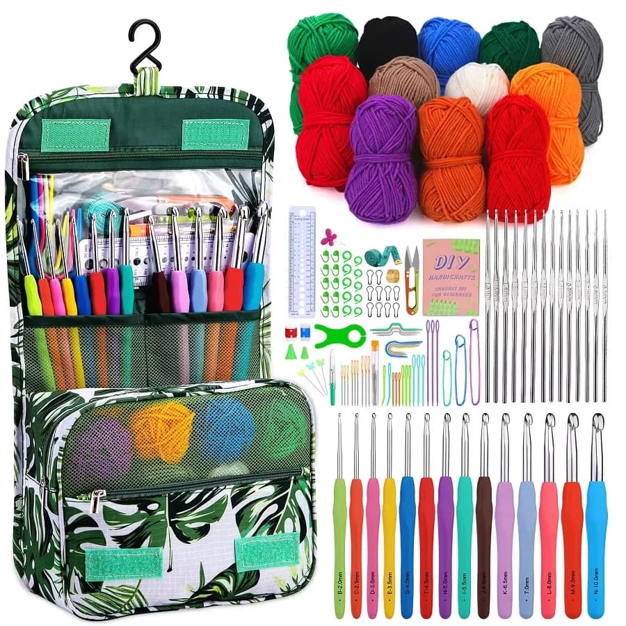 Zxiixz 122 pezzi set iniziale all'uncinetto per principianti include filato ergonomico colorato uncinetti in alluminio aghi di ferro a testa singola