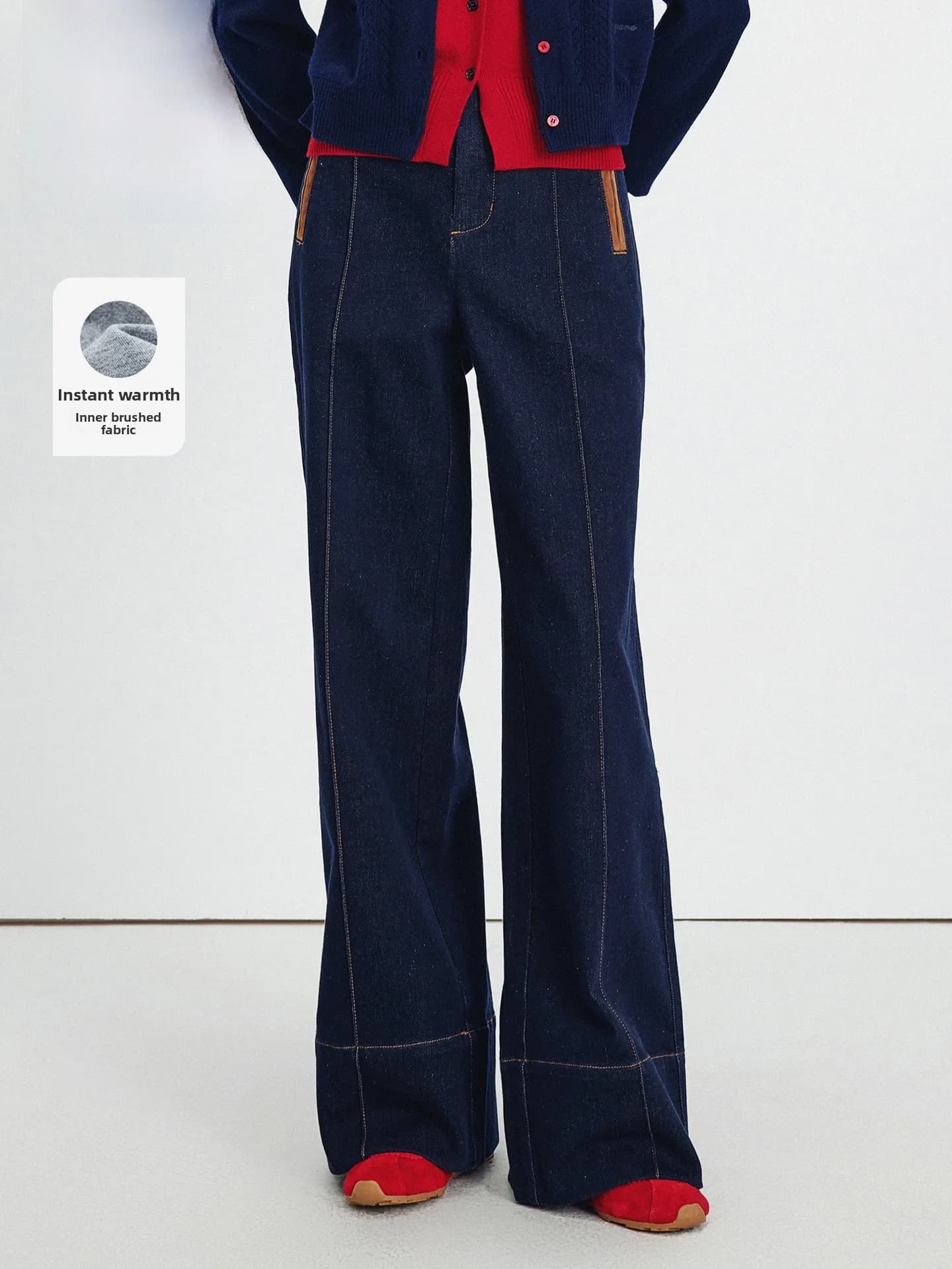 Navigare Jeans a Gamba Larga Blu da Donna, Pantaloni Modellanti Autunno Inverno, Casual con Chiusura a Zip in Vita, in Cotone