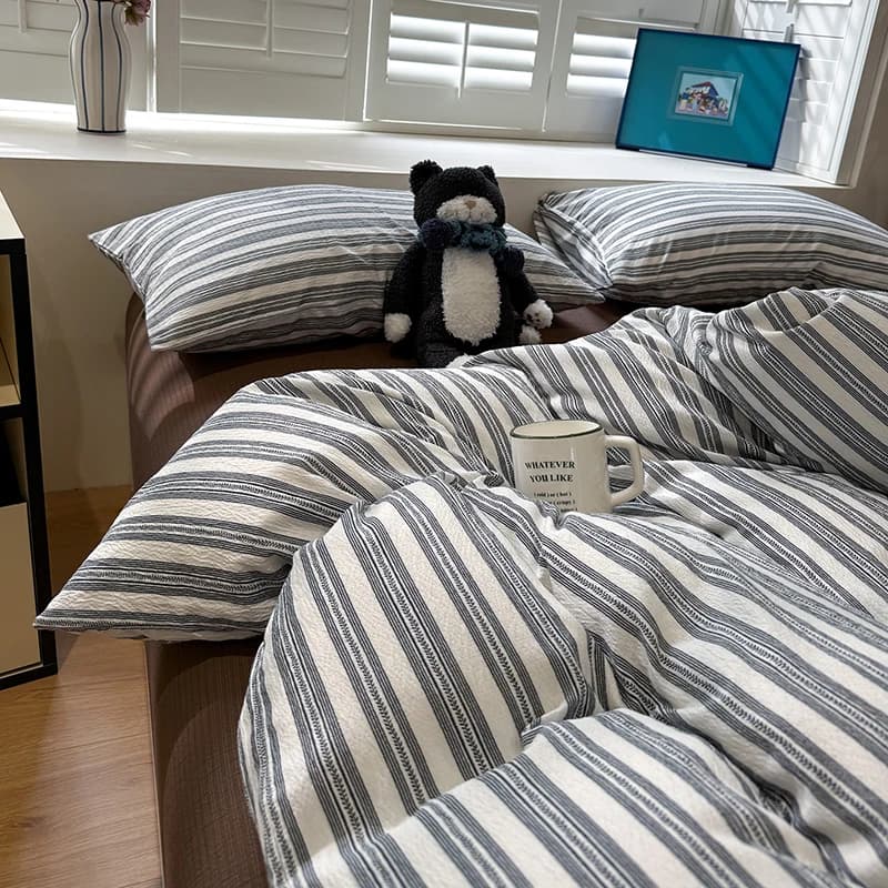 Striped 100% Washed Cotton Bedding Comforter Set with Pillowcase Bed Sheet Single Double Size Bed Linen Bedsheet Duvet Cover Set