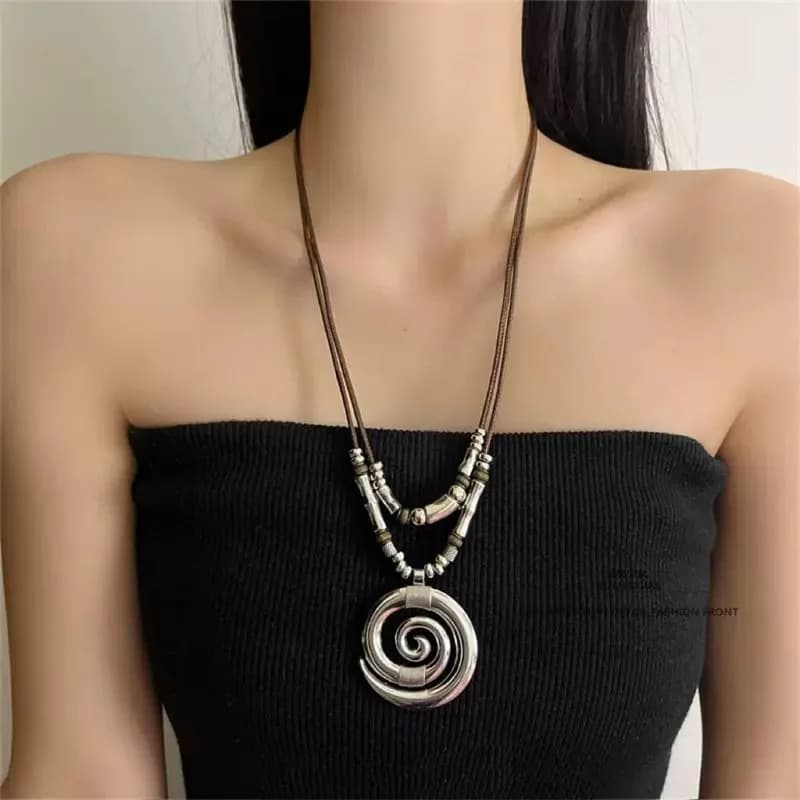 Retro Vortex Totem Pendant Necklace For Women Unisex Exaggerated Alloy Bamboo Bead Leather Chain Necklace Vacation Jewelry Gifts