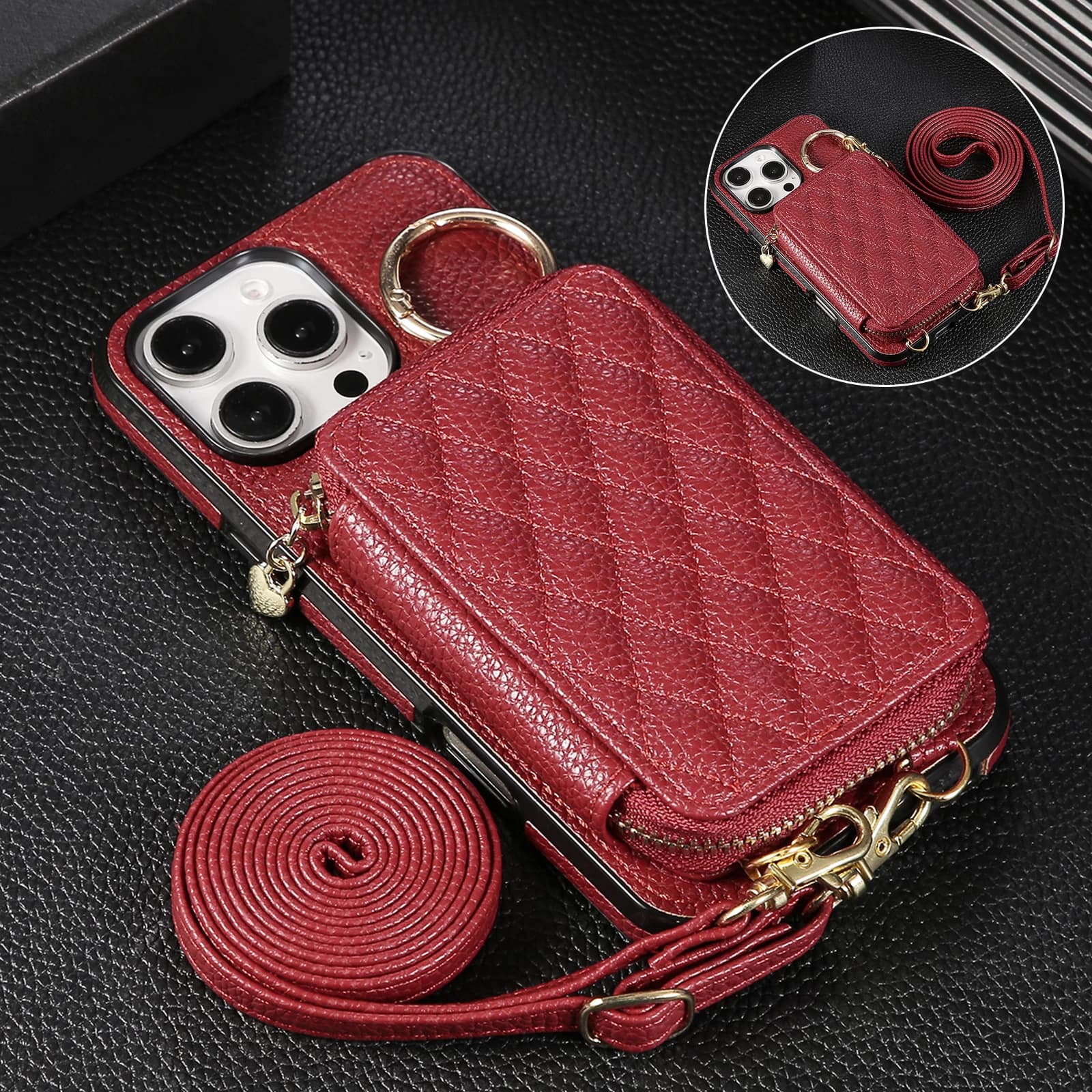 Leather case with shoulder zipper card wallet for iPhone 16 Pro Max 15 Plus 17 Air 14 13 12 11 Grilled ring case