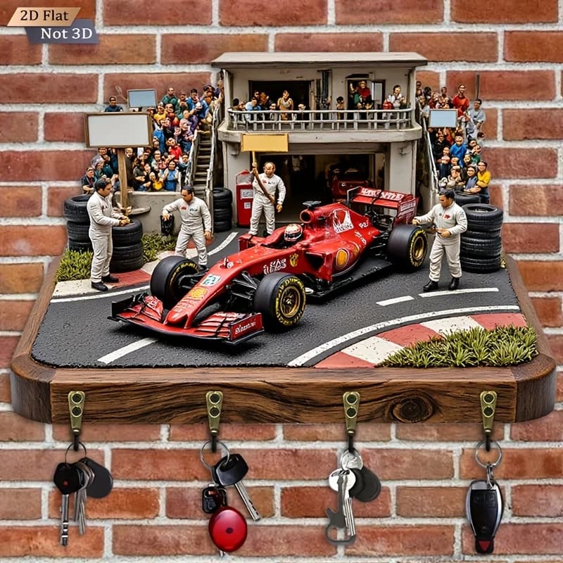 2D Flat.1pc. Racing-themed key hook - multifunctional decorative key rack, equipped with four metal hooks, wall decoration,