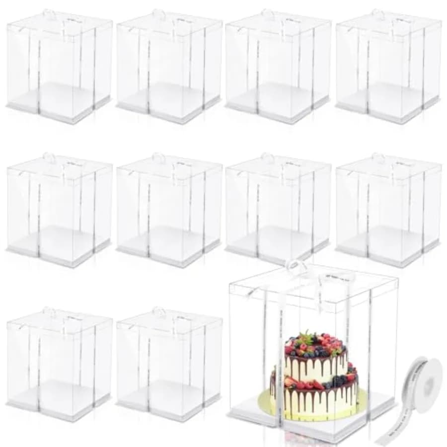 10 scatole trasparenti alte per torte, 30,5 cm x 30,5 cm x 35,5 cm, grandi scatole trasparenti per torte con nastro, contenitori per torte in PET, contenitori per torte nuziali.