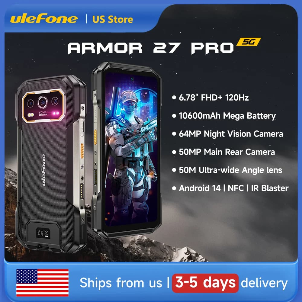 Ulefone Armor 27 Pro 5G Telefono robusto 10600mAh 50MP Fotocamera 64MP Notte Smartphone Android 14 Fino a 24GB + 256GB NFC Telefono impermeabile