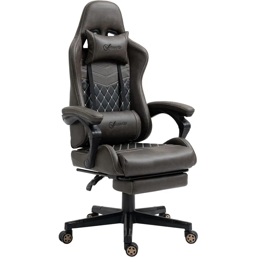 Sedia da Gaming di Lusso Girevole con Schienale Alto, Poggiapiedi, Supporto Lombare, Altezza Regolabile, in Pelle Marrone