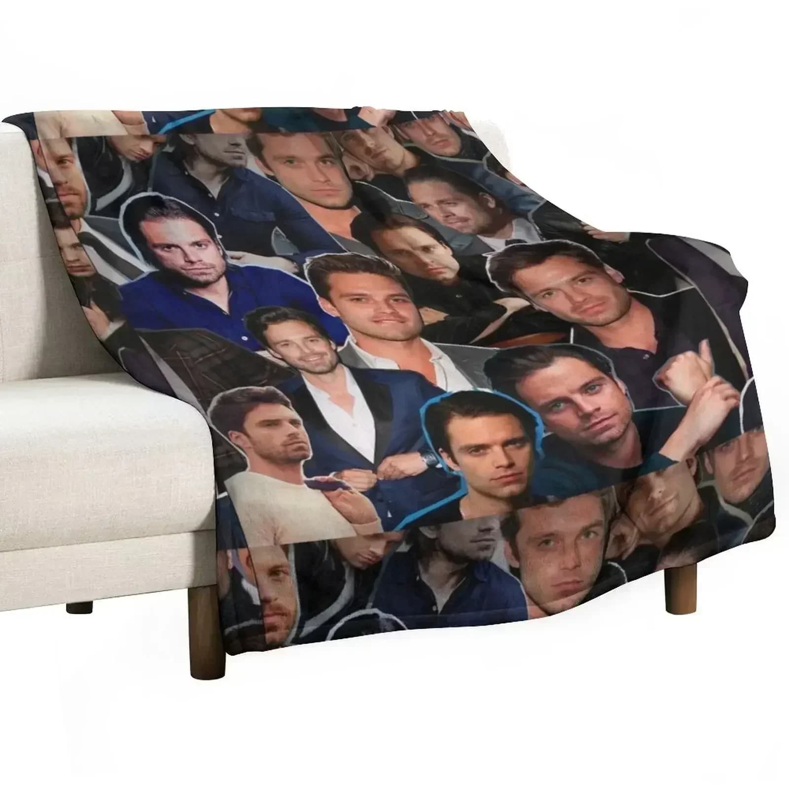 Coperte con collage di foto di Sebastian Stan | Cuscino con collage di foto di Sebastian Stan | Collage di foto di Sebastian Stan, maglietta e coperta