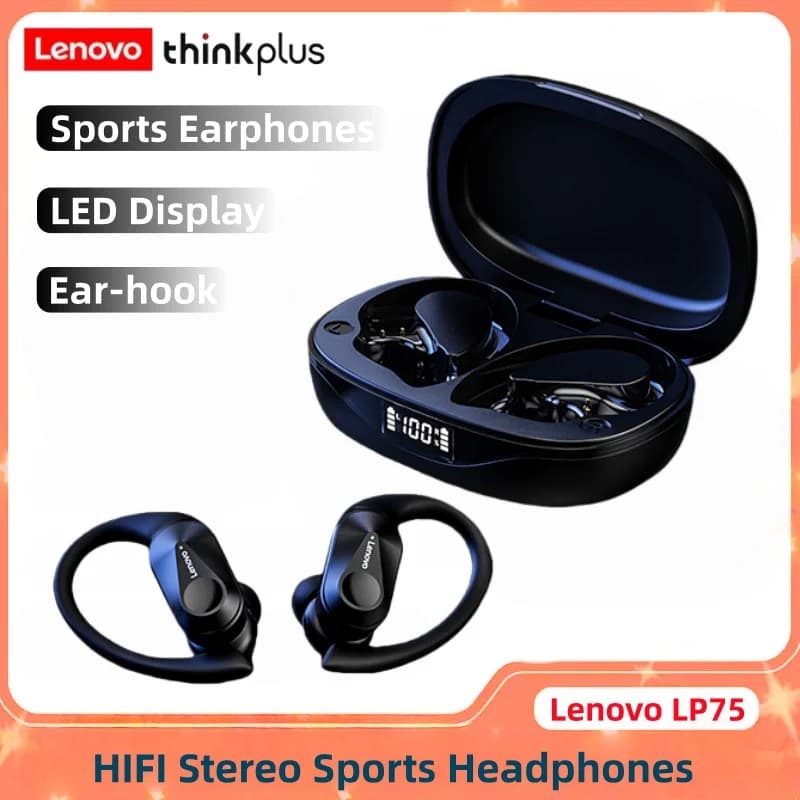 Auricolari Wireless Bluetooth Lenovo LP75 con Design Sicuro a Gancio per Orecchio, Cancellazione del Rumore ENC per Chiamate, Display LED della Batteria, Ideali per Corsa e Palestra