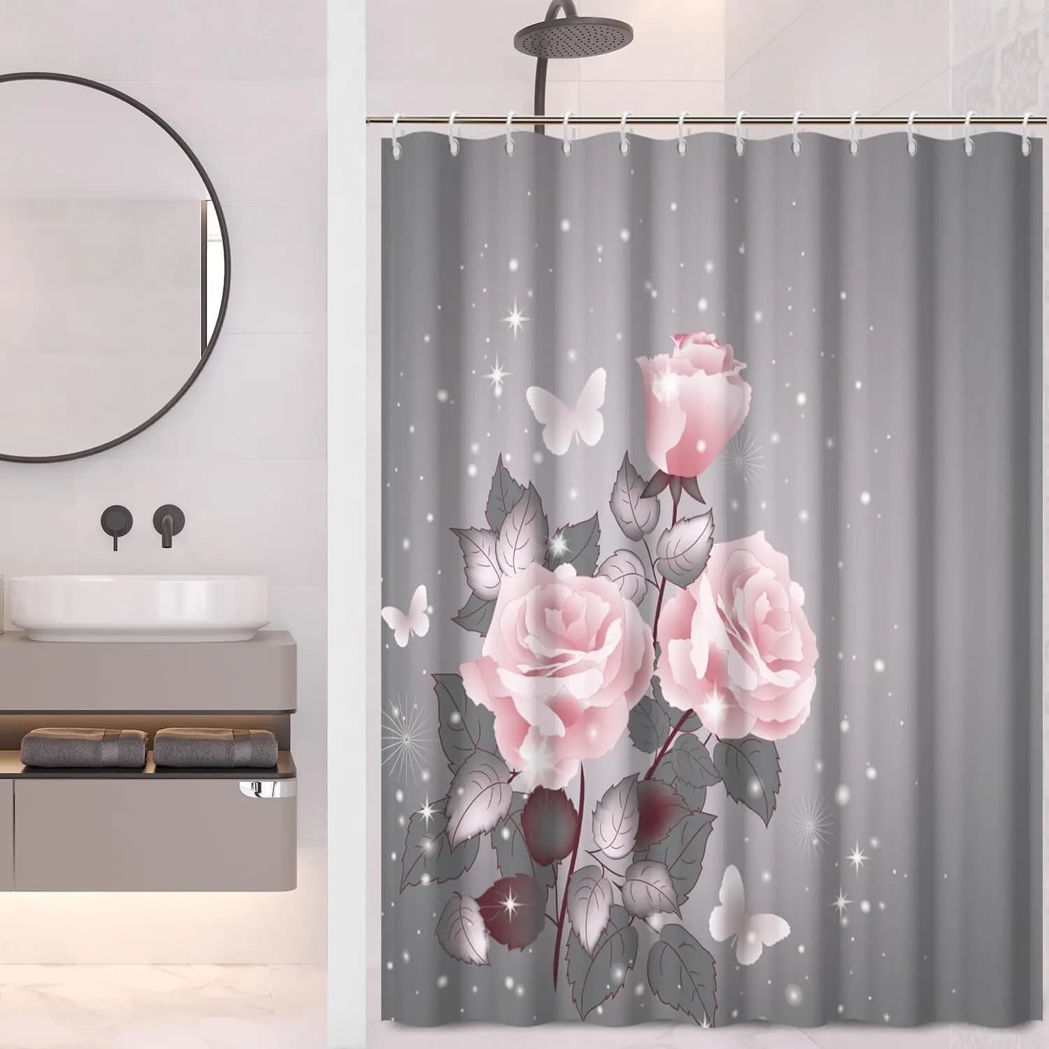 Tenda da doccia floreale Tenda da bagno elegante rosa rosa con motivo stampato Sfondo grigio Bagno in tessuto poliestere impermeabile