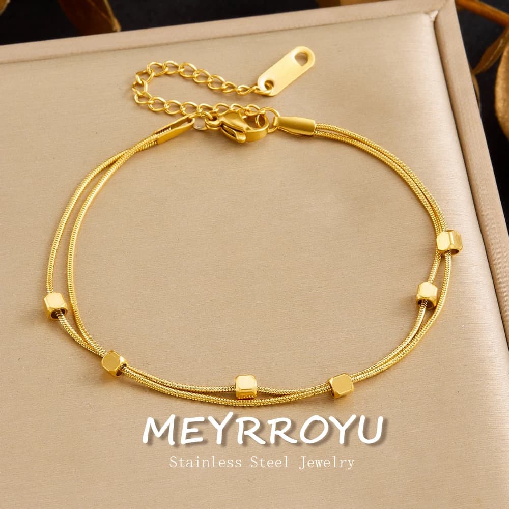 MEYRROYU 316L Stainless Steel Golden Classic Multiple Squares Double layer Rope Chain Bracelet Lady New Non-fading Jewelry