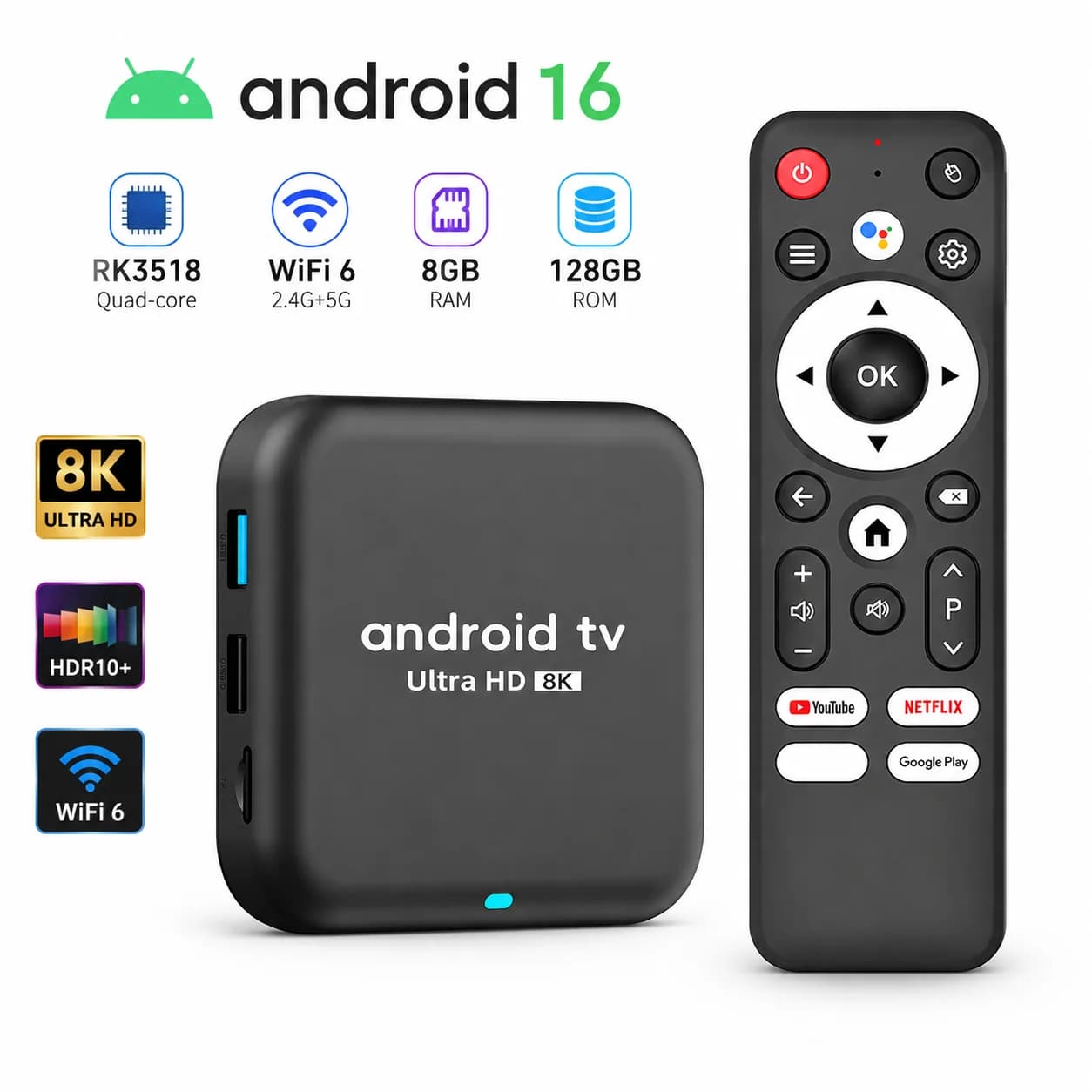 Box TV Android 16.0 RK3518 8K, Set-Top Box Smart con WiFi 6, Bluetooth 5.4, Ultra HD, 16G/32G/64G/128G, Lettore Multimediale 4K, Dispositivo per Streaming
