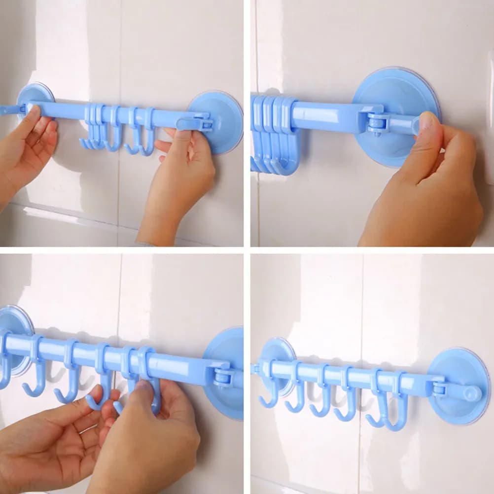 6 Linked Hook Rack Suction Cup Adjustable Lock Type Hanging Shelf Kitchen Wall Storage Towel Hooks Vacuum Suction Cups Holder