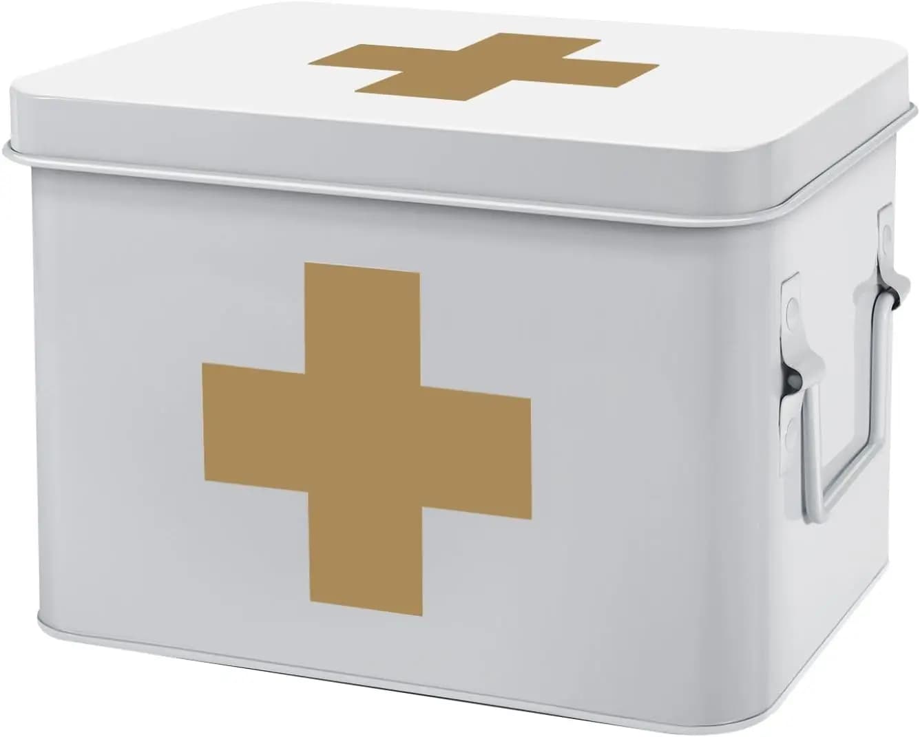 First Aid Box - Vacuum Container in 8 Inch White Metal with Tray Removable Black