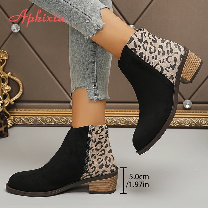 Aphixta 5 centimetri Tacco Quadrato Lepoard Stivaletti Punta a punta Zip Laterale Stivali da Donna Calzature da Donna Autunno Inverno Stivali Taglia43 Scarpe
