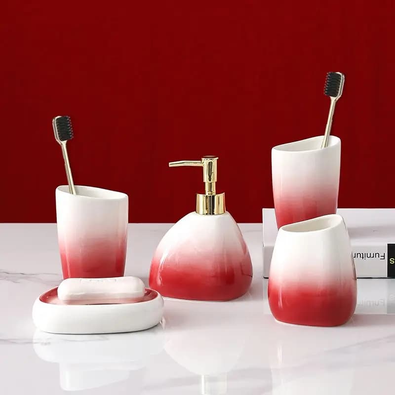 Bottiglia di lozione in ceramica rossa sfumata Set da toilette per bagno dell'hotel Porta spazzolino Collutorio Tazza Portasapone Dispenser di sapone in ceramica