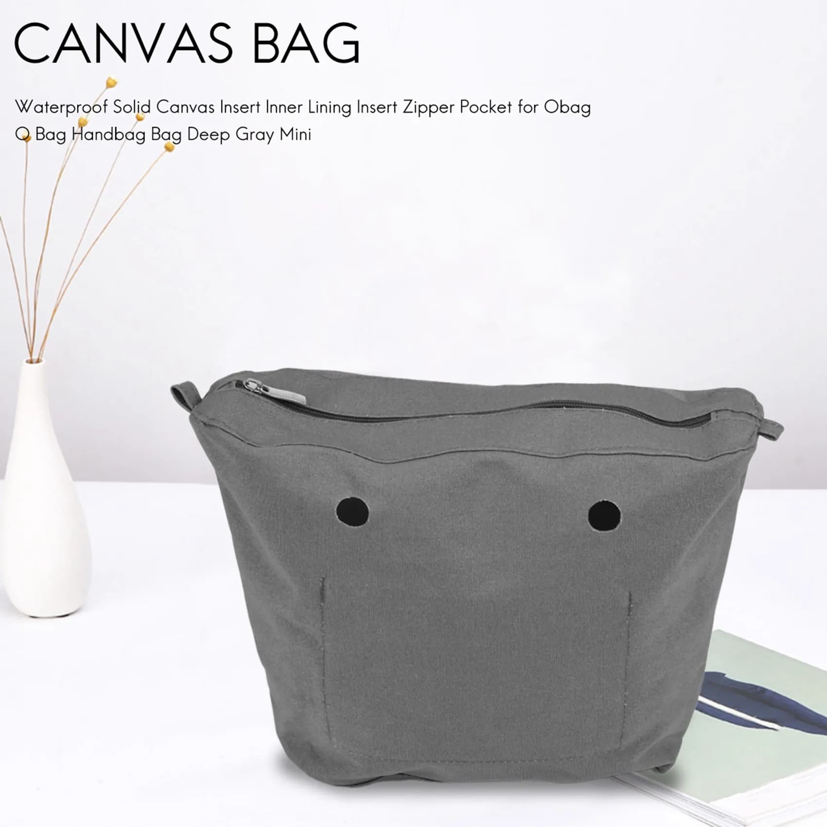 ABQR Waterproof Solid Canvas Insert Indoor Lining Zippered Pocket for Obag Or Bag Handbag Dark Grey Mini