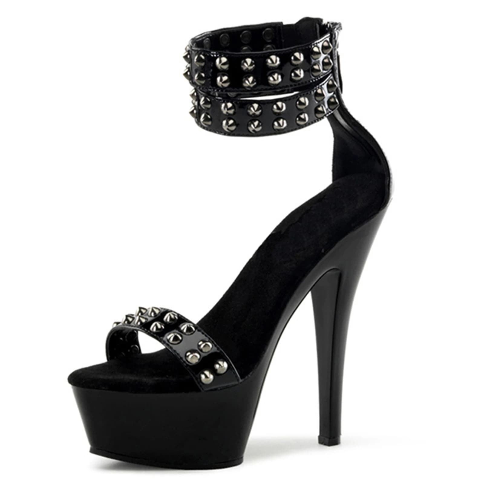 Tacchi da donna con plateau grosso da 15 cm con cinturino borchiato, sandali punk gotici intrecciati con fibbia in pelle avvolgente alla caviglia