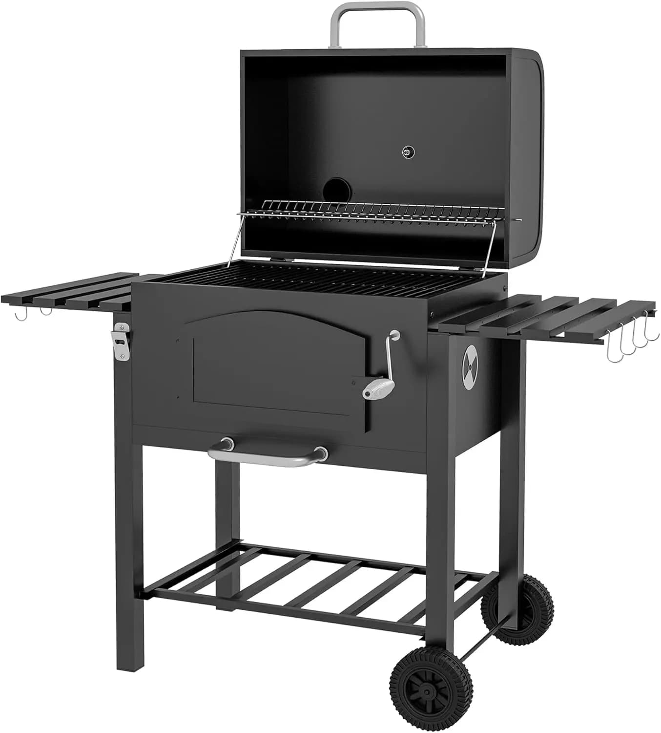 Portable Charcoal Grill BBQ with Adjustable Height, Folding Side Shelves, Built-In Thermometer, Bottle Opener & Wheels, Outdoor Barbecue for Camping, Picnic, Patio, Backyard - Black