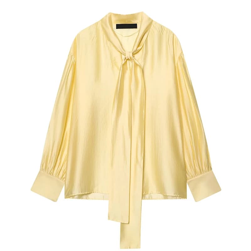 Camicia in Raso Gialla da Donna Primavera 2026, Maniche Lunghe con Colletto a Fiocco, Top Ampio